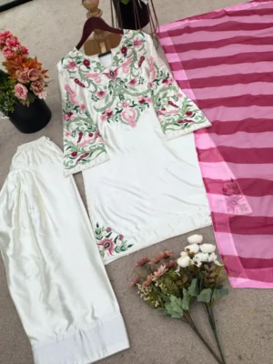 Presenting New Designer Collection In Natural Crep Silk Top-Bottom And Dupatta Set Fully Stitched Ready To Wear